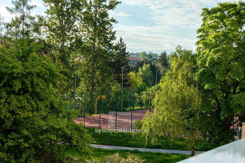 Sportovní hřiště pod lodžií mezi stromy