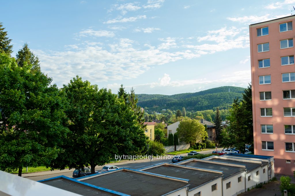 Zalesněné kopce na obzoru, pohled z lodžie bytu