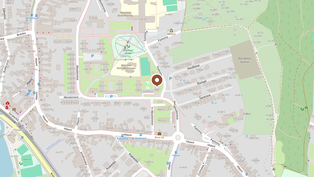 Mapa okolí domu Pastviny 644/1 s vyznačenou polohou